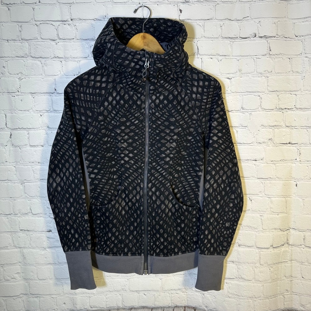 Lululemon Scuba Full Zip Hoodie Black Grey Diamond Print Thumbholes Womens 4